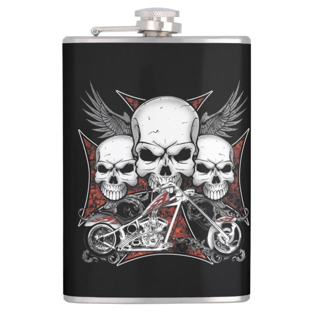 Three Skull with Red Chopper Motorcycle   Flask (Front)