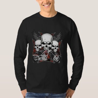 Three Skull with Red Chopper Motorcycle Longsleeve T-Shirt