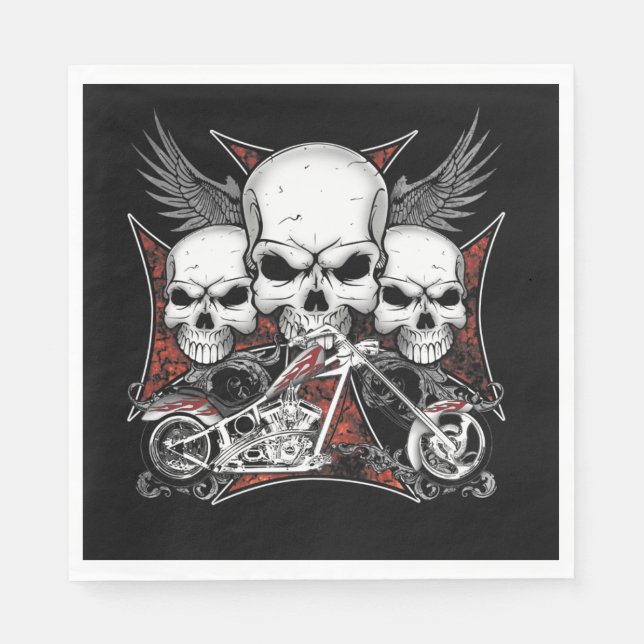 Three Skull with Red Chopper Motorcycle  Napkins (Front)