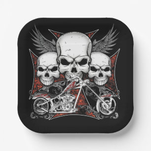 Three Skull with Red Chopper Motorcycle Square Paper Plates