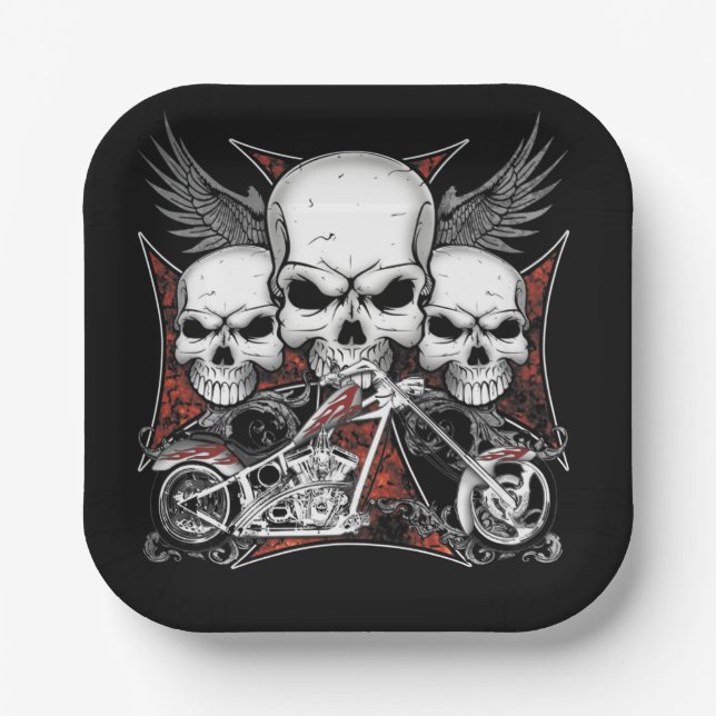 Three Skull with Red Chopper Motorcycle Square Paper Plates (Front)