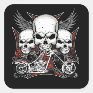 Three Skull with Red Chopper Motorcycle Square Square Sticker