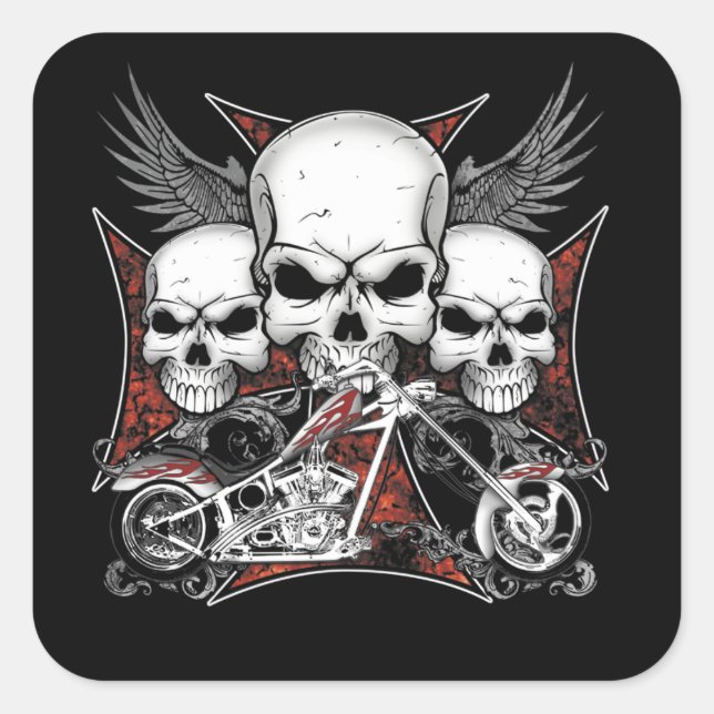 Three Skull with Red Chopper Motorcycle    Square  Sticker (Front)