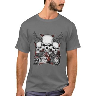 Three Skull with Red Chopper Motorcycle T-Shirt