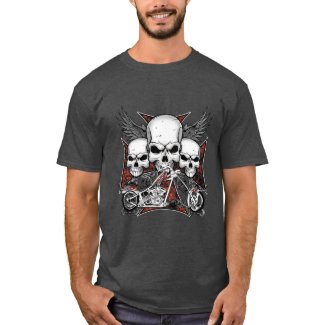 Three Skull with Red Chopper Motorcycle T-Shirt