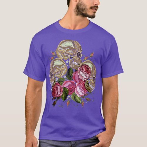 Three Skulls Roses Flower T_Shirt