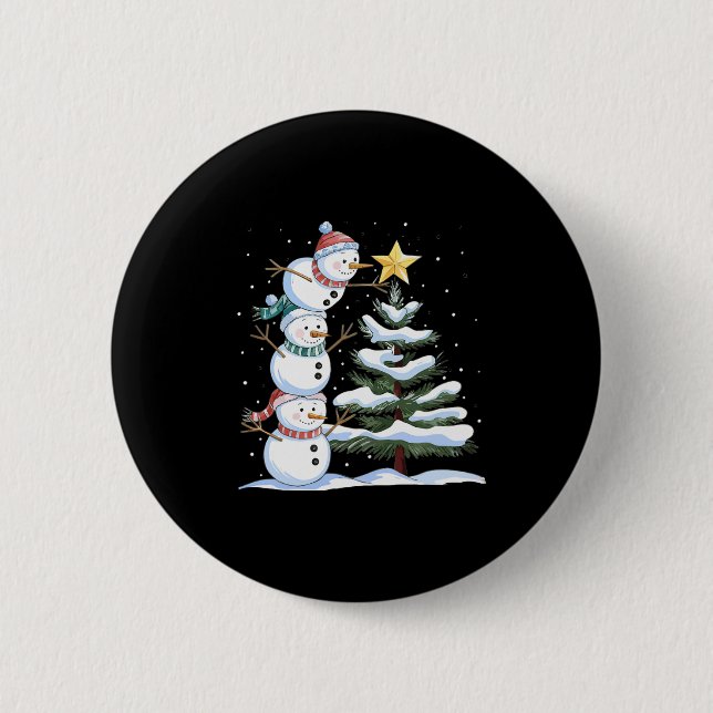 Three Snowmen Are Arranging A Christmas Tree Cute  Button (Front)