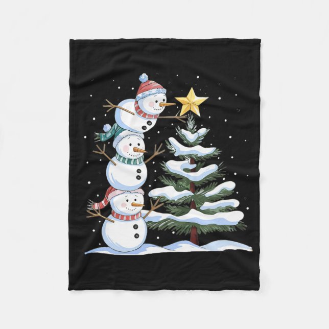 Three Snowmen Are Arranging A Christmas Tree Cute  Fleece Blanket (Front)