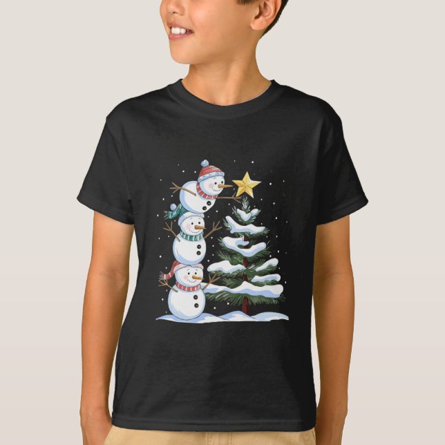 Three Snowmen Are Arranging A Christmas Tree Cute  T-Shirt (Front)