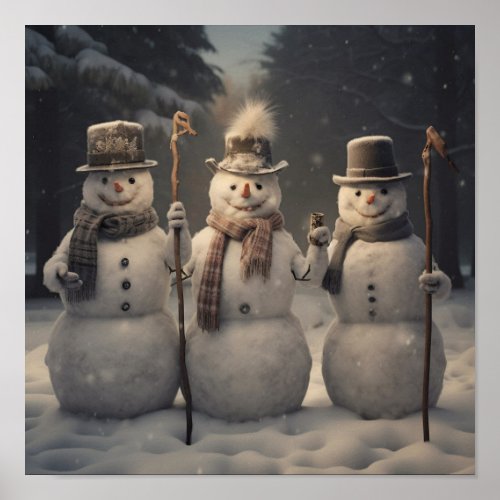Three Snowmen Waiting with Smiles Poster