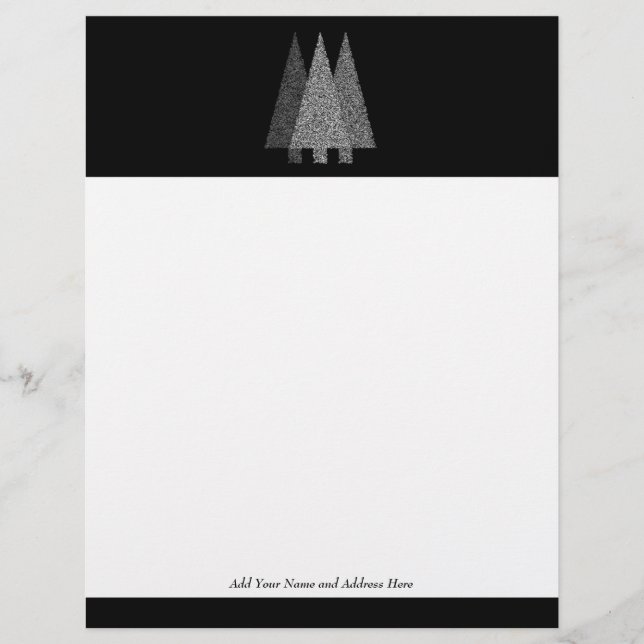 Three Snowy Christmas Trees. Black White. Letterhead (Front)