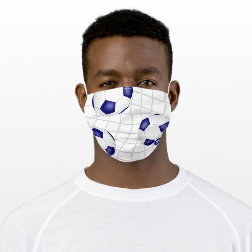 three soccer balls in goal blue white boys girls adult cloth face mask