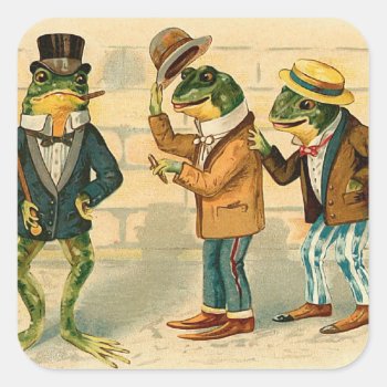 "three Sociable Frogs" Square Sticker by PrimeVintage at Zazzle