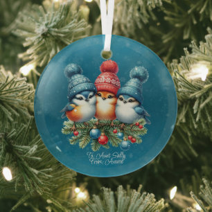Three Songbirds In Red Blue Hats Glass Ornament
