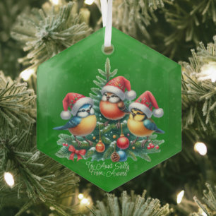 Three Songbirds In Red Hats Glass Ornament