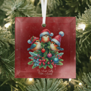 Three Songbirds In Red Hats Glass Ornament