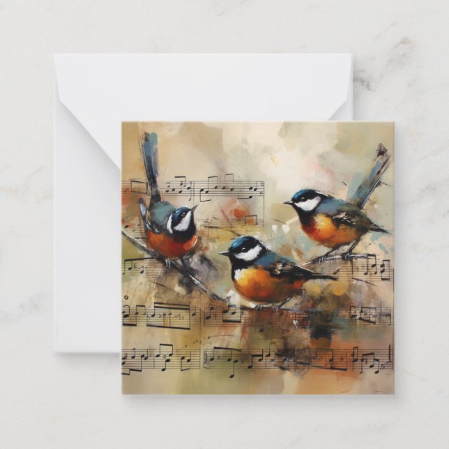 Three Songbirds on Sheet Music Watercolor Painting Note Card (Front)