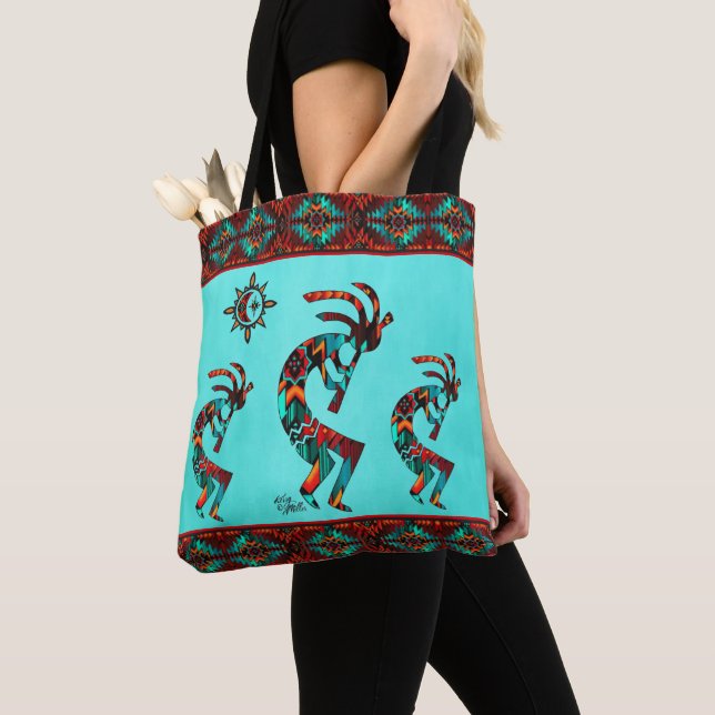 Three Southwest Kokopelli And Sun Tote Bag (Close Up)