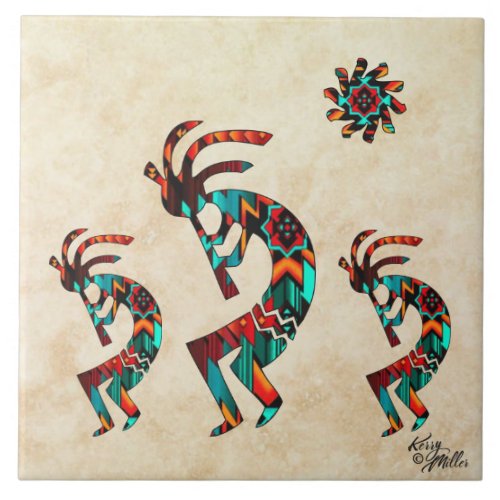 Three Southwest Kokopelli Ceramic Tile