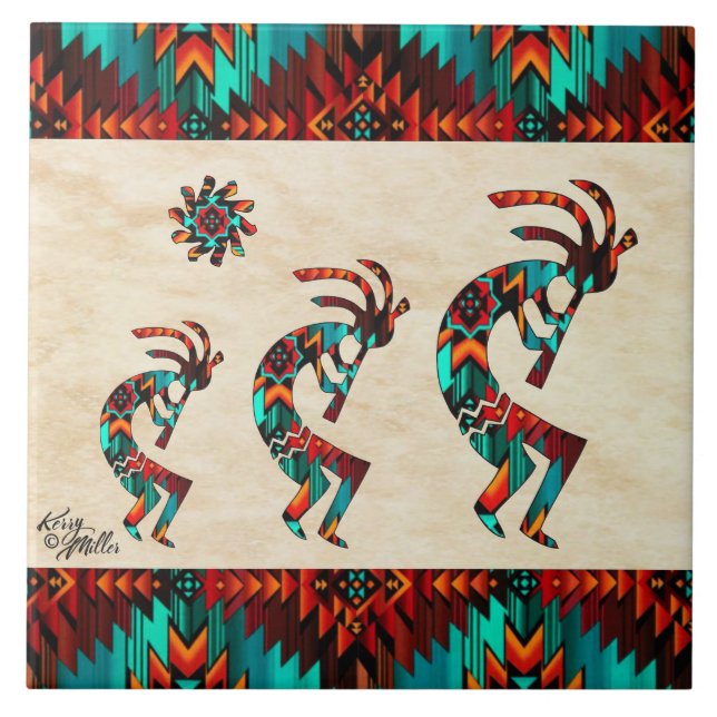 Three Southwest Kokopelli Ceramic Tile (Front)