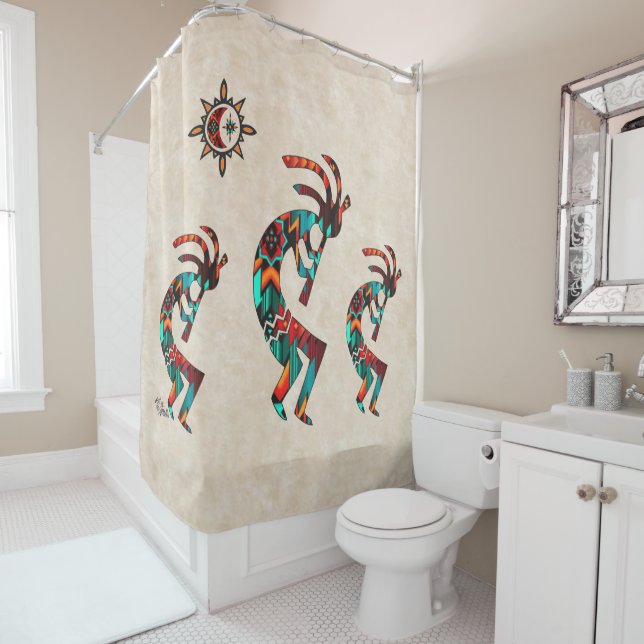 Three Southwest Kokopelli Shower Curtain (In Situ)
