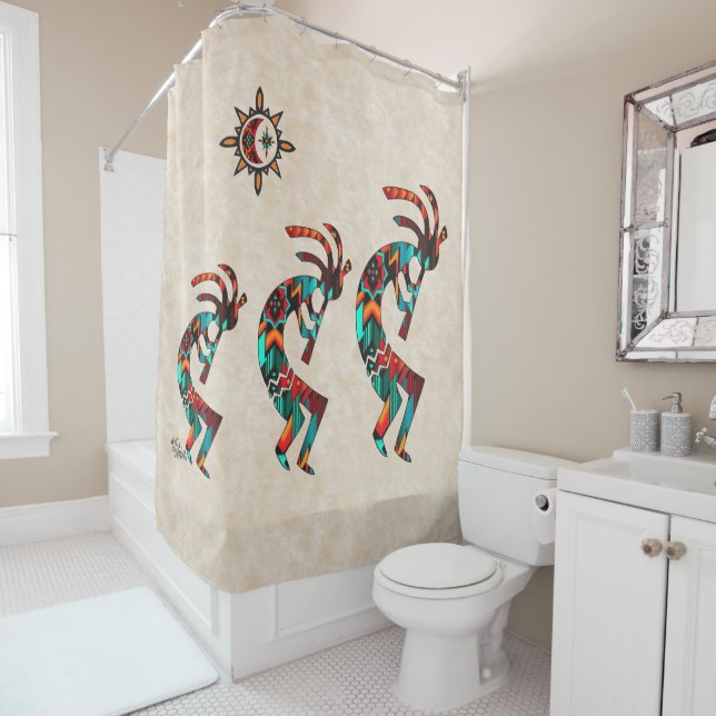 Three Southwest Kokopelli Shower Curtain (In Situ)