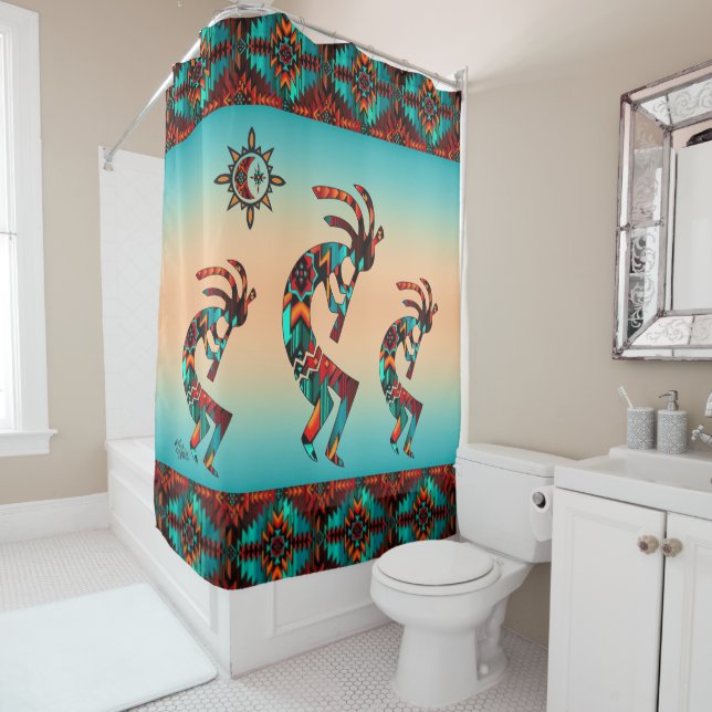 Three Southwest Kokopelli Shower Curtain (In Situ)