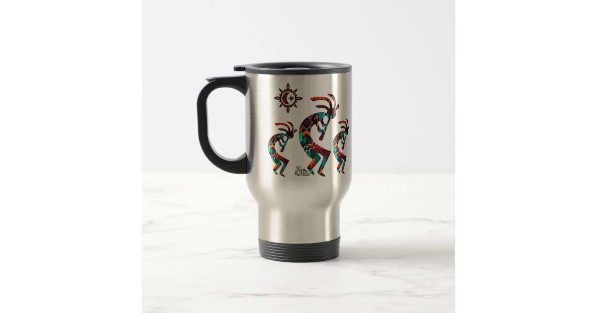 Southwestern Kokopelli Coffee Travel Mug with Lid 14 Ounce Ceramic 