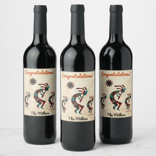 Three Southwest Kokopelli  Wine Label