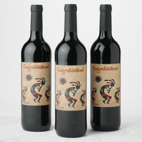 Three Southwest Kokopelli  Wine Label