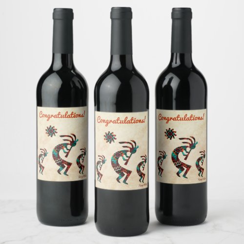 Three Southwest Kokopelli  Wine Label