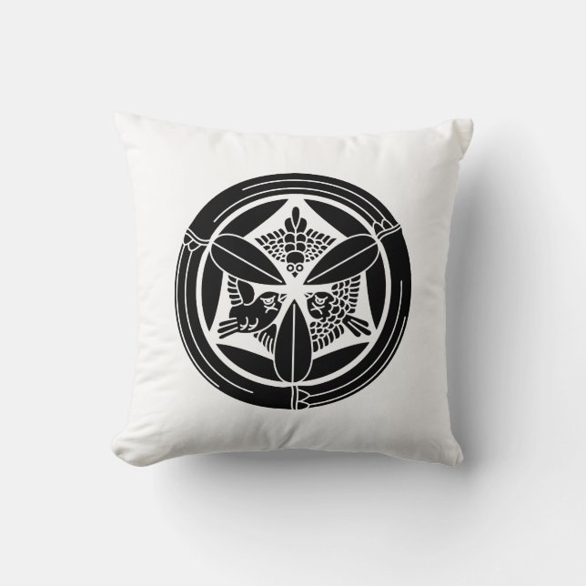 Three sparrows in a bamboo circle throw pillow (Front)