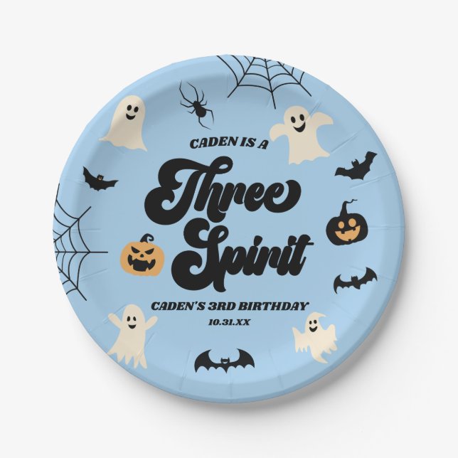 Three Spirit Blue Halloween 3rd Birthday Party Paper Plates (Front)
