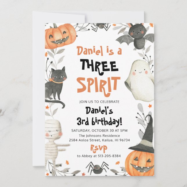 Three Spirit Cute Halloween 3rd Birthday Invite (Front)