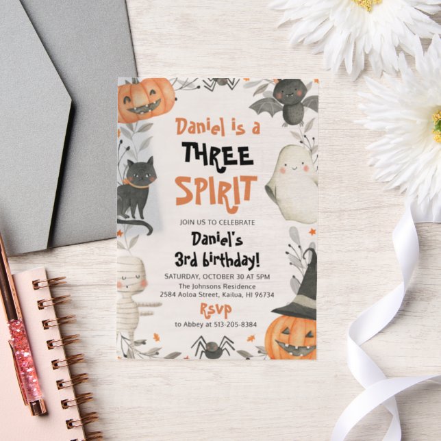 Three Spirit Cute Halloween 3rd Birthday Invite Vellum Invitations (Wedding)