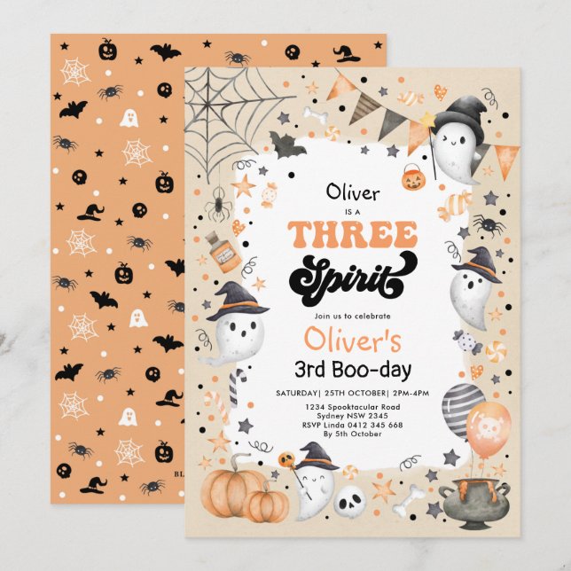 Three Spirit | Cute Halloween Ghost 3rd Birthday Invitation (Front/Back)