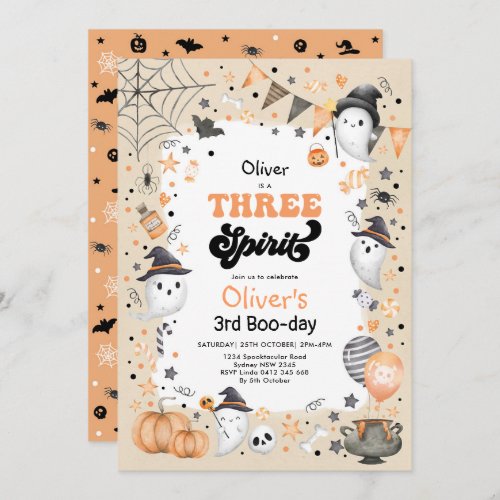 Three Spirit  Cute Halloween Ghost 3rd Birthday Invitation