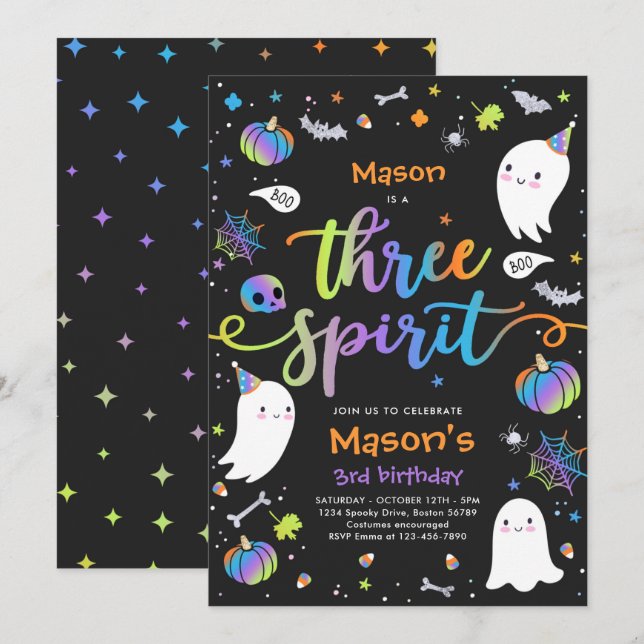 Three Spirit Cute Halloween Ghost 3rd Birthday Invitation (Front/Back)