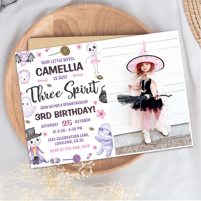 Three Spirit Girls Halloween 3rd Birthday Photo Invitation (Creator Uploaded)