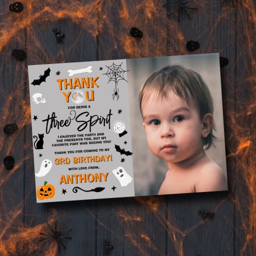 Three Spirit! Halloween 3rd Birthday Photo Thank You Card