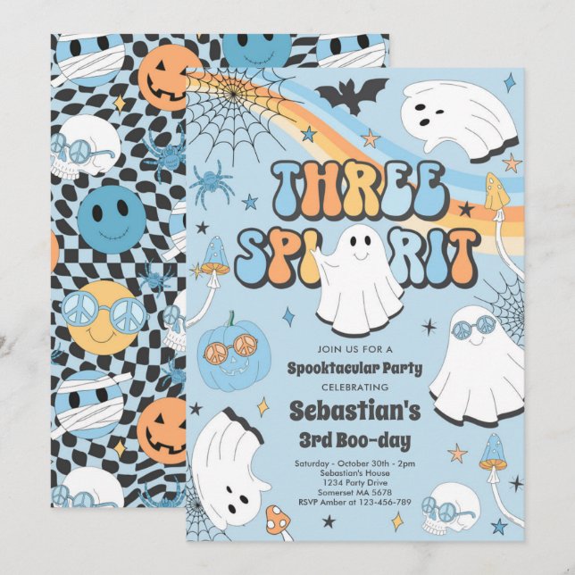Three Spirit Halloween Groovy Ghost 3rd Birthday Invitation (Front/Back)