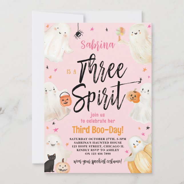 Three Spirit Pink Halloween 3rd Birthday Party Invitation (Front)