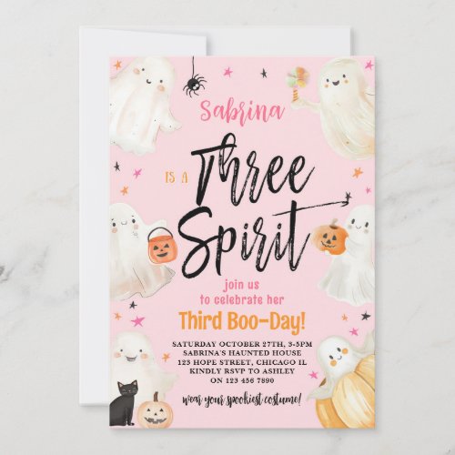 Three Spirit Pink Halloween 3rd Birthday Party Invitation