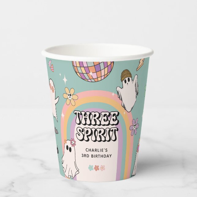 Three Spirit Retro Halloween 3rd Birthday Party Paper Cups (Front)