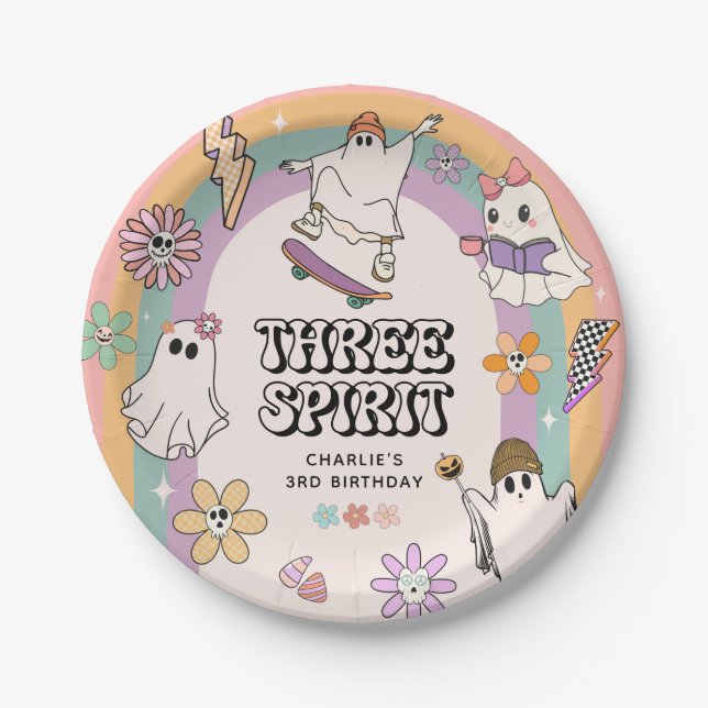 Three Spirit Retro Halloween 3rd Birthday Party  Paper Plates (Front)