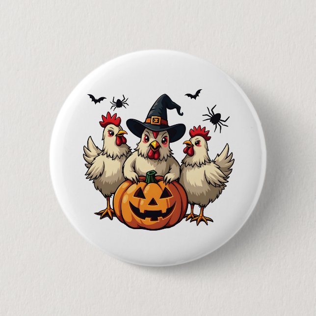 Three Spooky Halloween Chickens Farmer Fall Witch Button (Front)
