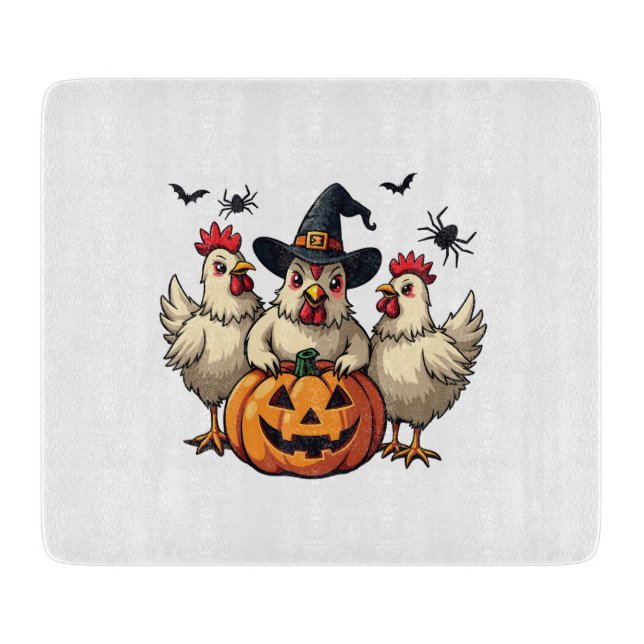 Three Spooky Halloween Chickens Farmer Fall Witch Cutting Board (Front)