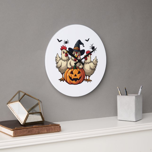 Three Spooky Halloween Chickens Farmer Fall Witch Large Clock (Office)