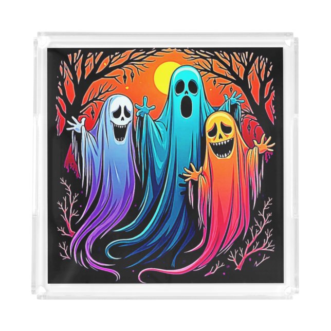 Three Spooky Halloween Ghosts Design Acrylic Tray (Front)