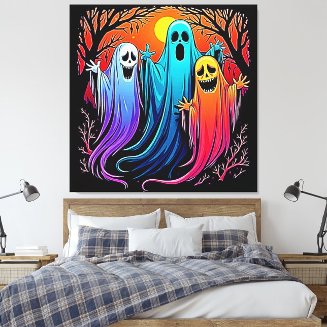 Three Spooky Halloween Ghosts Design Canvas Print (Insitu(Bedroom))